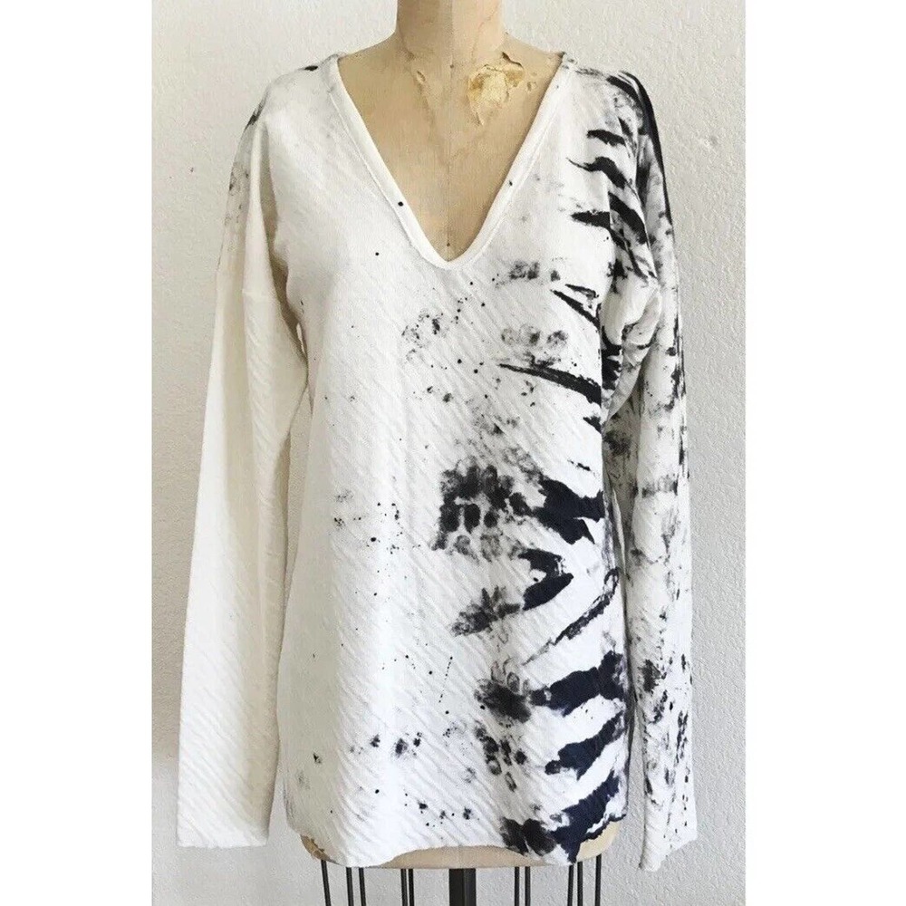 Bryan Emerson Sz S/M Hand Painted Ivory Black Long Sleeve Double Layer Knit Top